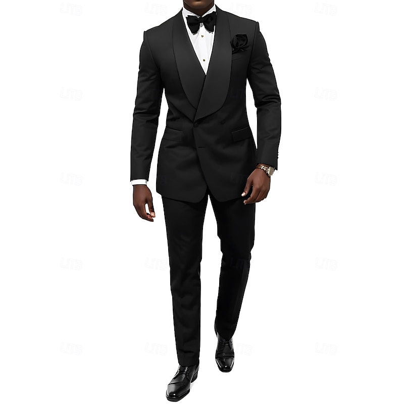 Men's Wedding Prom Party Suits Black Formal Solid Colored Standard Fit 2 Piece Single Breasted Two-buttons
