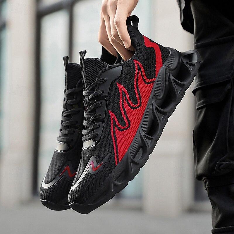 Men's Sporty Sneakers, Bold Flame Design in Black and Red, Athletic Shoes for Running and Gym2