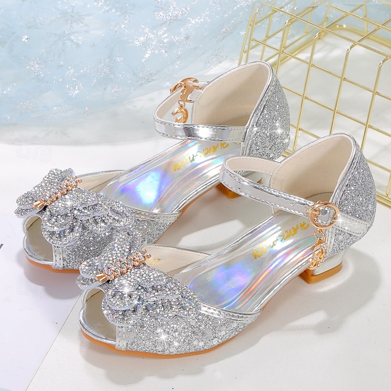 Girls' Silver Glitter Princess Shoes – Sparkly Bowknot Mary Jane Sandals with Low Heels, Elegant Party & Wedding Dress Shoes3