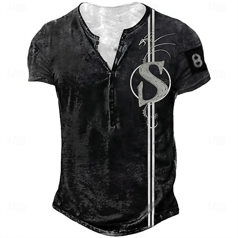 Men's Dragon Letter 'S' T Shirt Henley Shirt Short Sleeve Sports Fashion Designer Outdoor Street Daily Summer Deep Green Dark Brown Black Gray Henley Henley T-Shirt4
