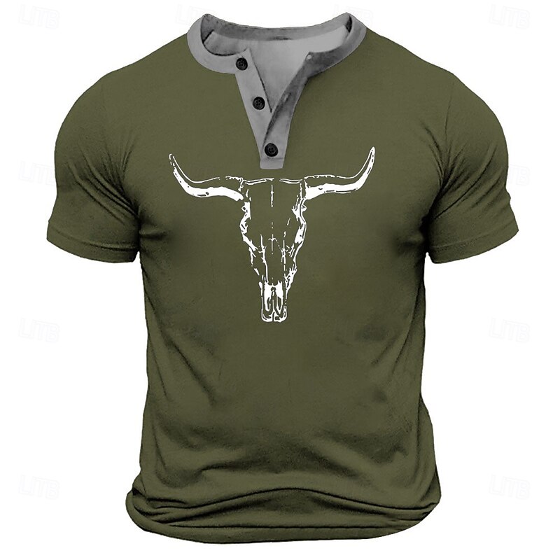 Men's Bull T Shirt Henley Shirt Short Sleeve Designer Retro Vintage Street Casual Daily Summer Spring Black White Navy Blue Military Green Henley Henley T-Shirt4