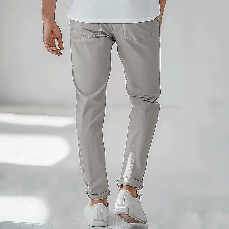 Men's Cotton Silk Chinos Multi Pocket Solid Color Breathable Wearable Full Length Wedding Outdoor Party Vacation Vintage Light Khaki Light Grey Micro-elasticMicro-elastic2