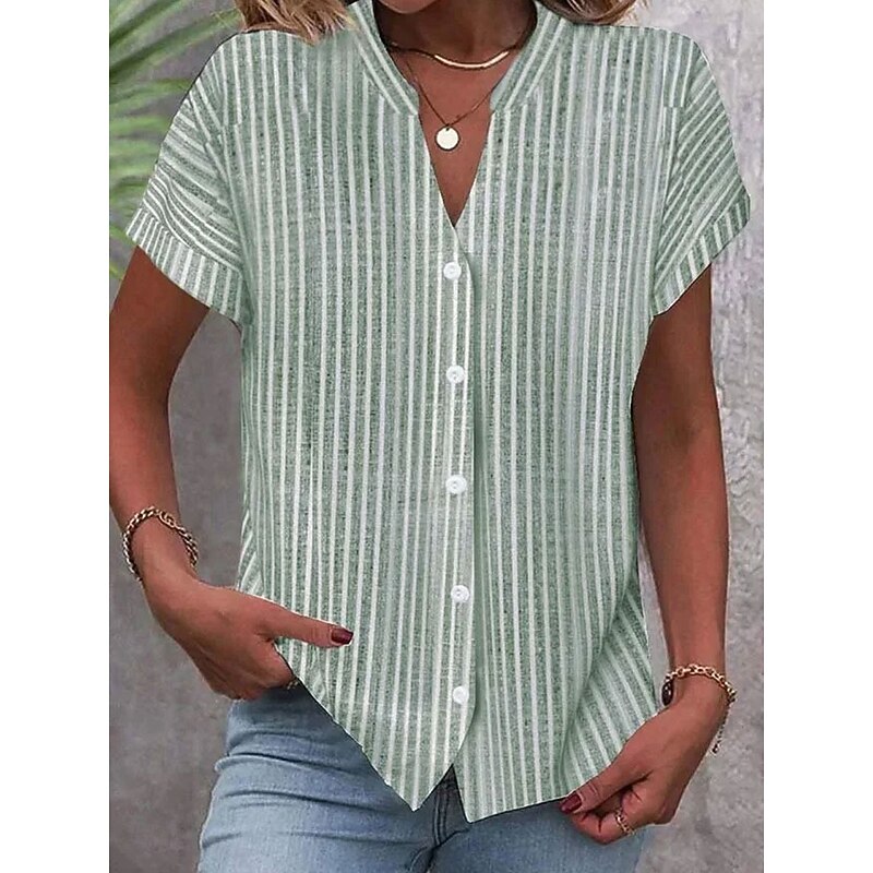 Women's Shirt V Neck Button Down Blouse Graphic Striped Stylish Beach Short Sleeve Shirt Collar Regular Tops Daily Buttons Print Pink Blue Green Gray Spring Fall2