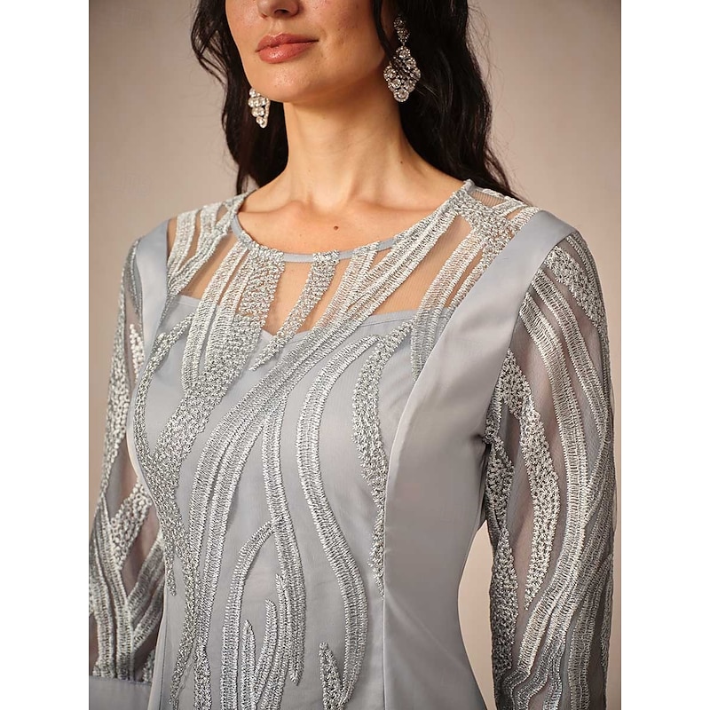 Women's Knee Length Dress Lace Dress Elegant Wedding Guest Date Regular Fit Solid Color 3/4 Length Sleeve Crew Neck Gray Summer3