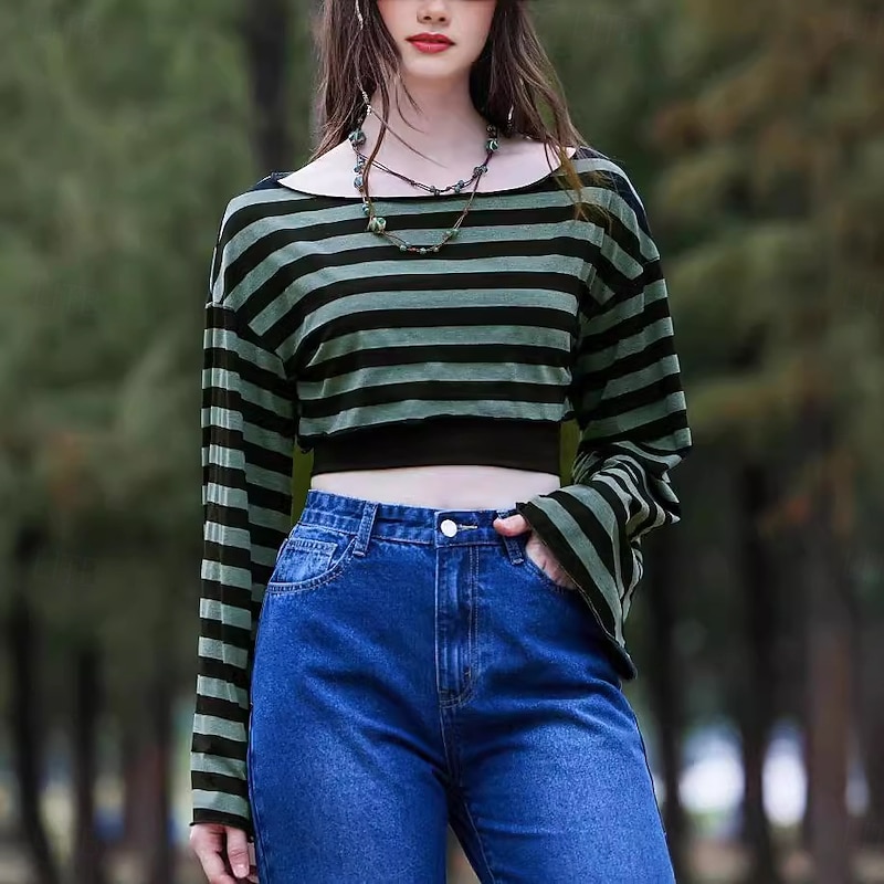 Punk & Gothic Sweatshirt Goth Girl Boat Neck Striped Fancy Dress Women's Casual Daily Adults' Top Spring & Summer2