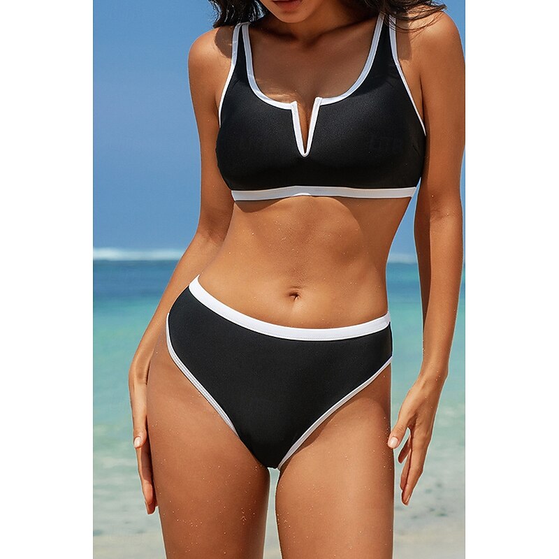 Women's Swimwear Bikini 2 Piece Swimsuit Backless Patchwork Tropical Beach Wear Color Block V Neck Sleeveless Bathing Suits2