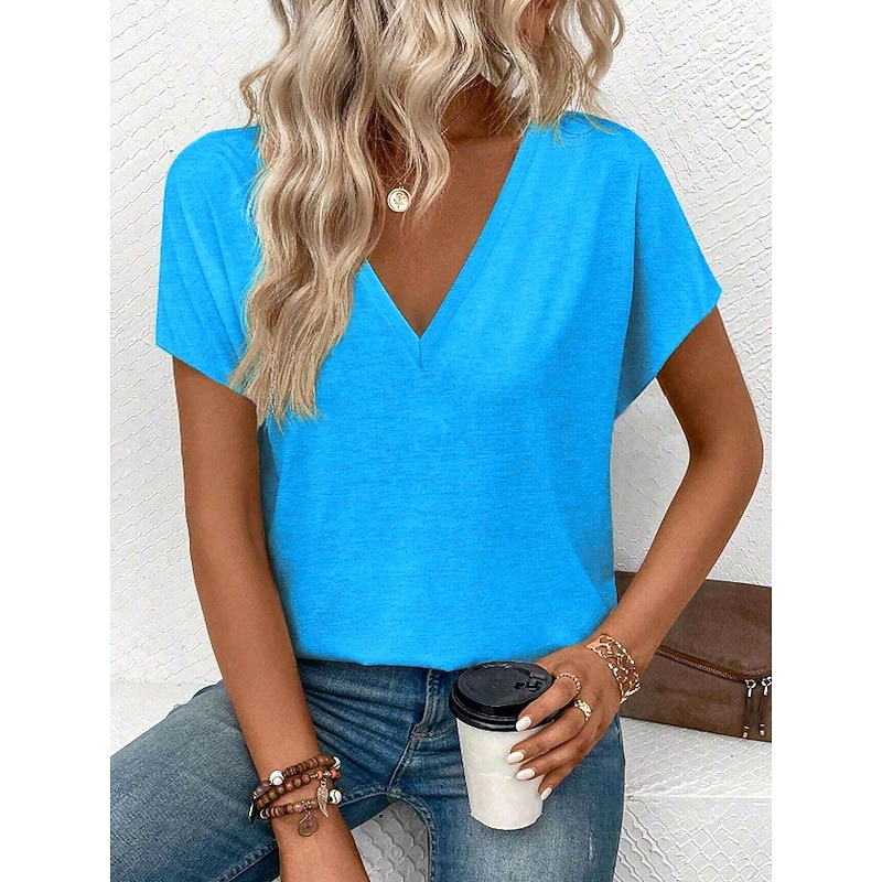 Women's T Shirt Solid Color Casual Short Sleeve V Neck Regular Tops Daily Going out Weekend Print Black Blue Summer