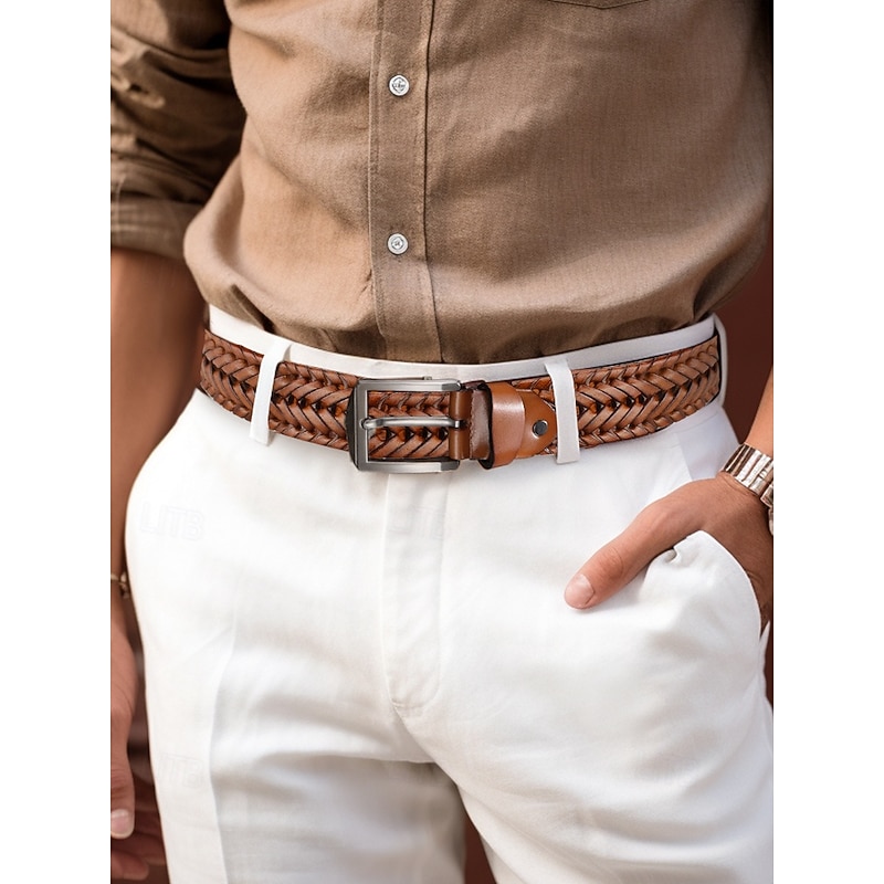 Men's Genuine Leather Braided Belt - Vintage Braided Design with Metal Buckle, Adjustable Fashion Dress Belt for Casual, Business and Formal Wear2
