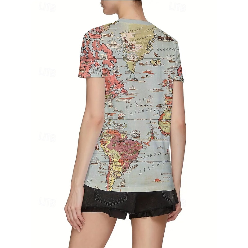 Women's T Shirt Summer Tops Graphic Map Classic Casual Short Sleeve Crew Neck Crop Tops Daily Weekend Print Rainbow Summer Spring Fall2