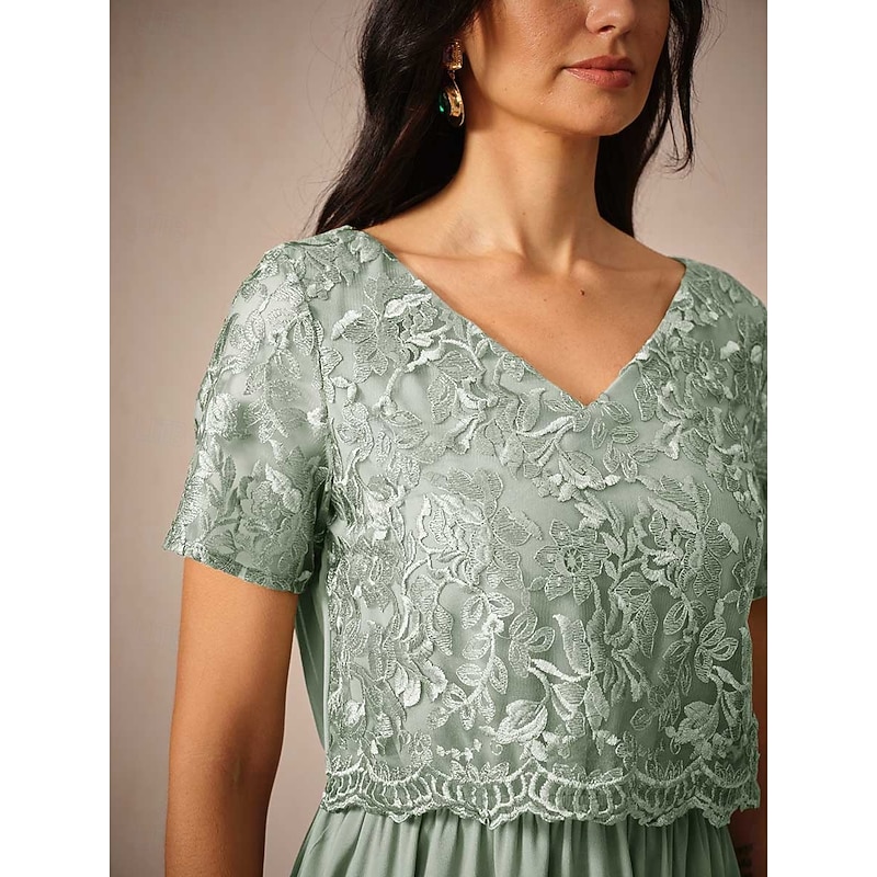 Women's Wedding Guest Cocktail Dress Maxi Dress Contrast Lace Party Elegant Formal V Neck Short Sleeve Pink Green Gray Color 16