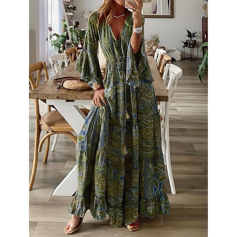 Women's Maxi Dress Casual Dress Swing Dress A Line Dress Boho Dress Vintage Casual Daily Regular Fit Floral Long Sleeve V Neck Red Blue Purple Orange Summer Spring Fall