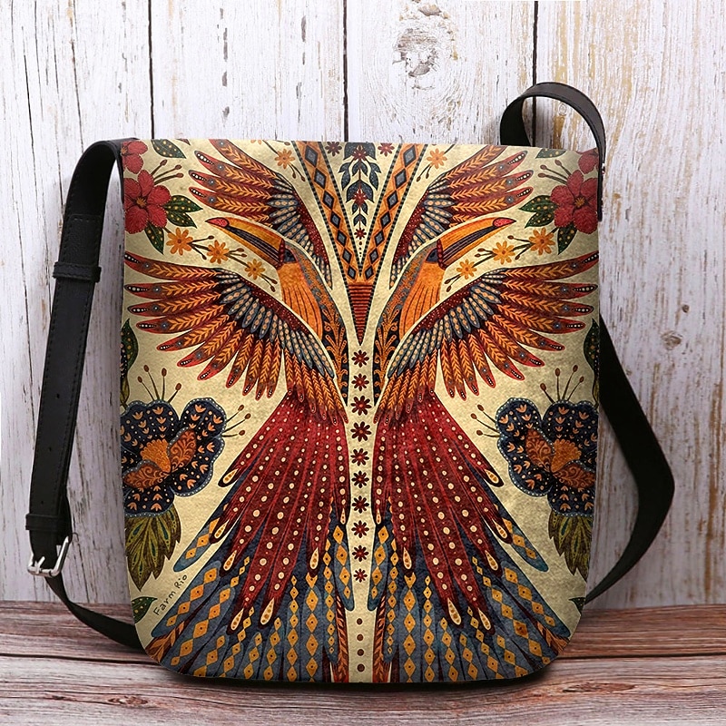 Women's Vintage Phoenix Print Crossbody Bag – Boho Shoulder Purse with Adjustable Strap, Ethnic Style Messenger Bag for Travel, Shopping & Everyday Use