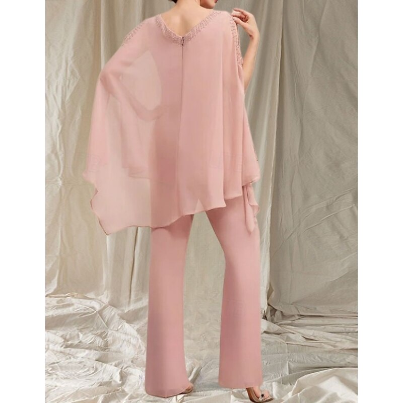 Pantsuit Mother of the Bride Dress Wedding Guest Elegant V Neck Floor Length Chiffon Long Sleeve with Beading Cascading Ruffles2