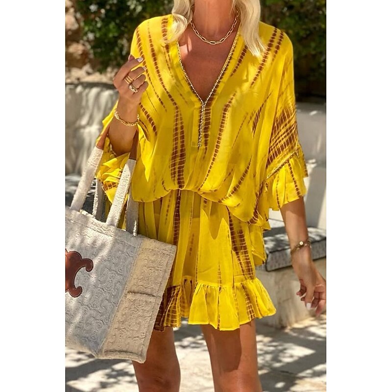 Women's Mini Dress Petite Dress Casual Dress Fashion Batwing Sleeve Outdoor Vacation Daily Regular Fit Tie Dye Long Sleeve V Neck Yellow Summer