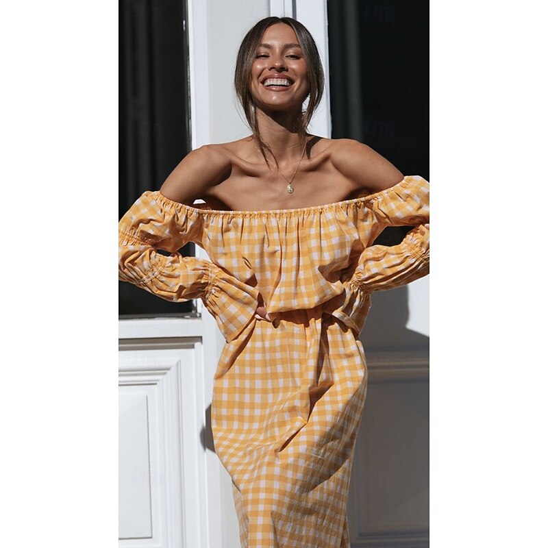 Retro Vintage Medieval Renaissance Midi Dress Puff Sleeve Off Shoulder Regency Inspired Checkered / Gingham Fancy Dress Women's Masquerade Wedding Vacation Casual Daily Adults' Dress2