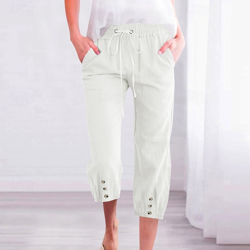 Women's Capri Pants Cotton Linen Pants Slacks Streetwear Casual Calf-Length High Waist Natural Plain Pocket Elastic Drawstring Design Breathability Soft Comfortable Micro-elastic Vacation Street