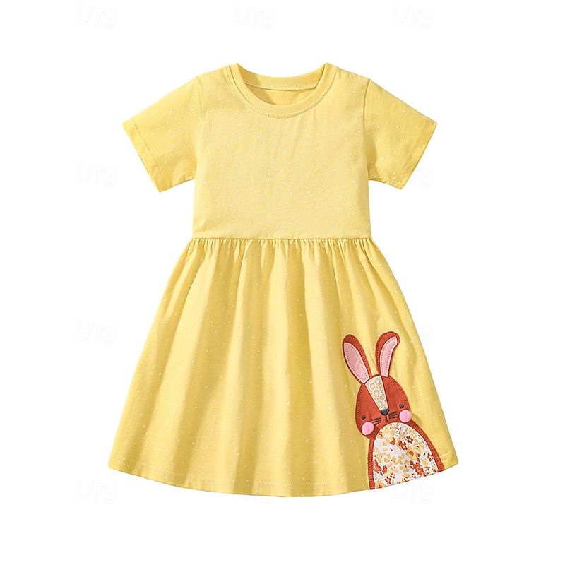 Kids Girls' Dress Rabbit Short Sleeve Outdoor Casual Fashion Adorable 100% Cotton Knee-length Casual Dress A Line Dress Summer 4 years+ Yellow2