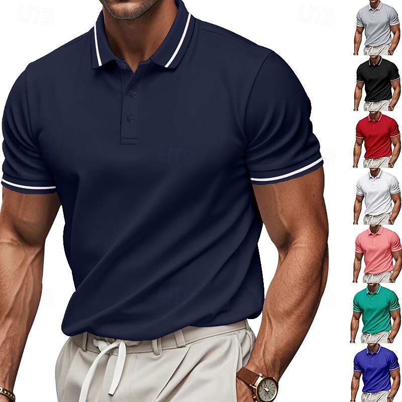 Men's Polo Golf Shirt Business Casual Ribbed Polo Collar Short Sleeve Fashion Basic Solid Color Plain Buttons Summer Spring &  Fall Regular Fit Black White Pink Red Navy Blue Royal Blue Polo