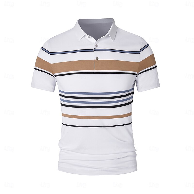 Men's Polo Work Business Turndown Short Sleeve Vacation Vintage Horizontal Stripes Stripe Buttons Summer Spring Black White Polo