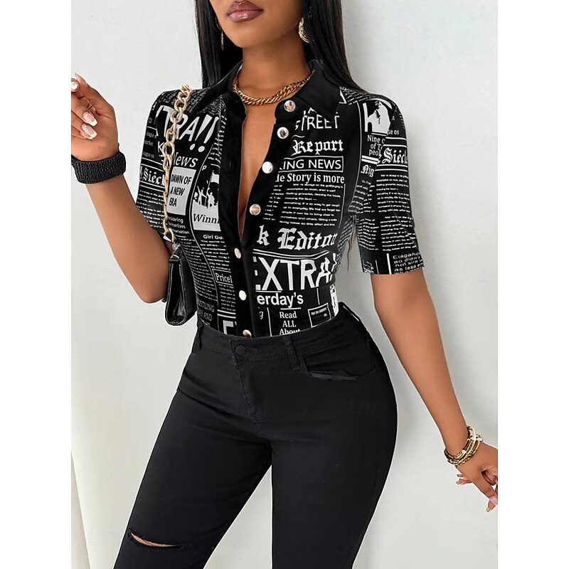 Blouse Women's Black White Pink Newspaper Buckle Printing Daily Elegant V Neck Regular Fit S3
