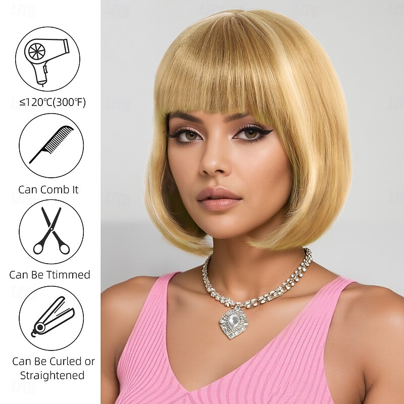 Synthetic Wig Straight kinky Straight Asymmetrical Neat Bang Machine Made Wig 12 inch A1 Synthetic Hair Women's Classic Comfortable Highlighted / Balayage Hair Blonde2