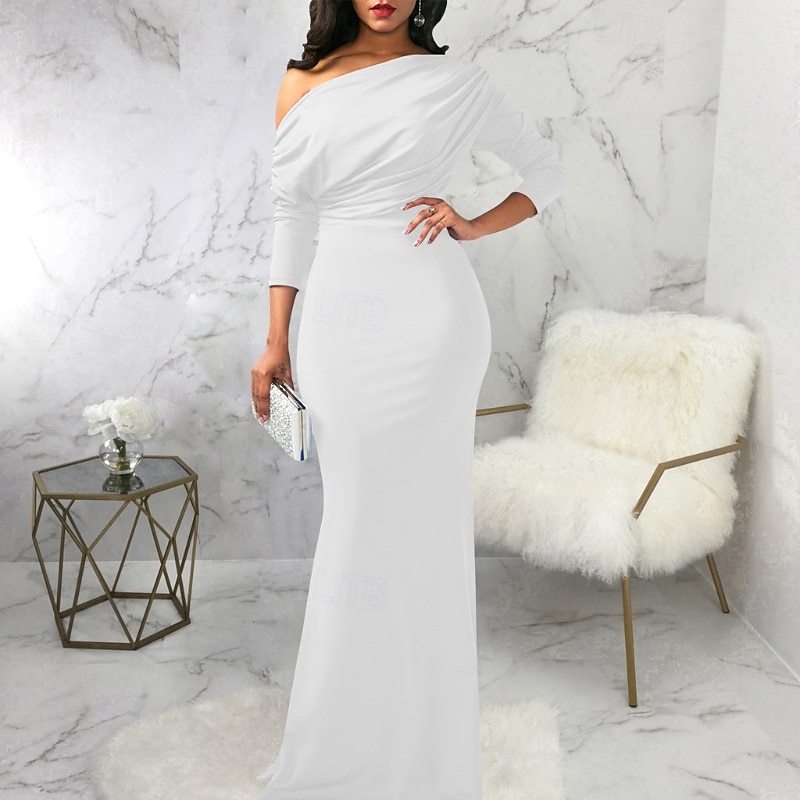 Women's Long Dress Maxi Dress Prom Dress Party Dress Elegant Fashion Party Going out Regular Fit Plain Long Sleeve One Shoulder Black White Wine Summer3