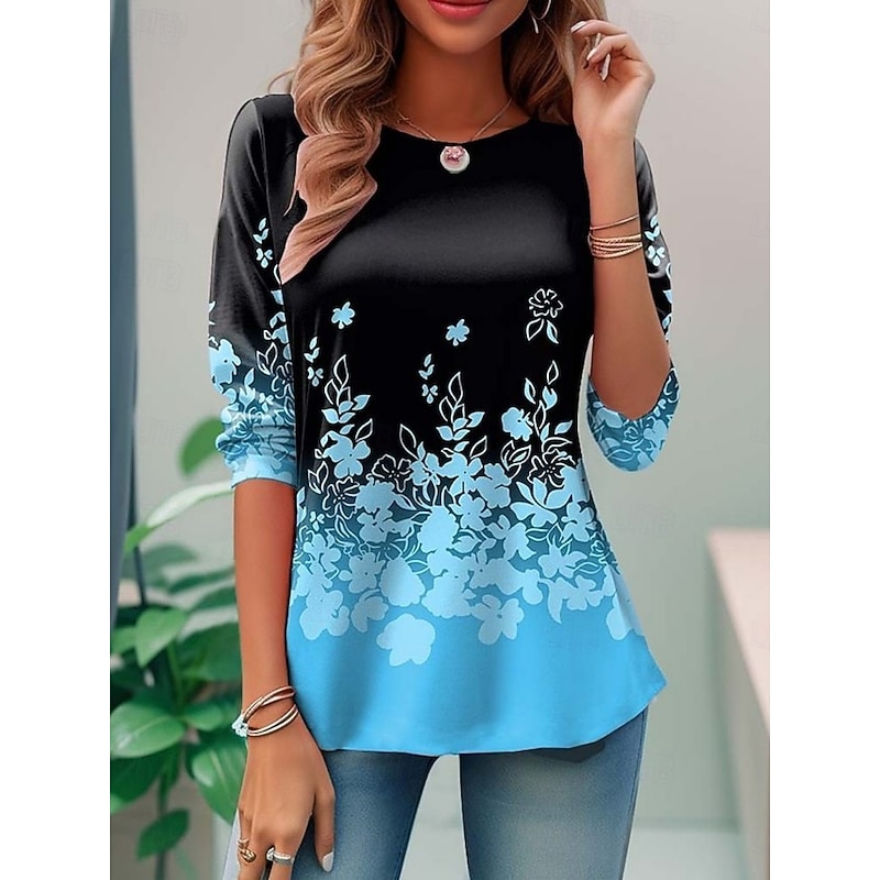 Women's T Shirt Floral Fashion Modern Long Sleeve Crew Neck Regular Tops Daily Print Black Blue Purple Orange Summer