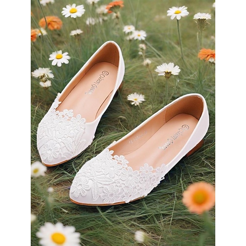 Women's White Lace Ballet Flats for Brides – Elegant Floral Embroidered Wedding Shoes