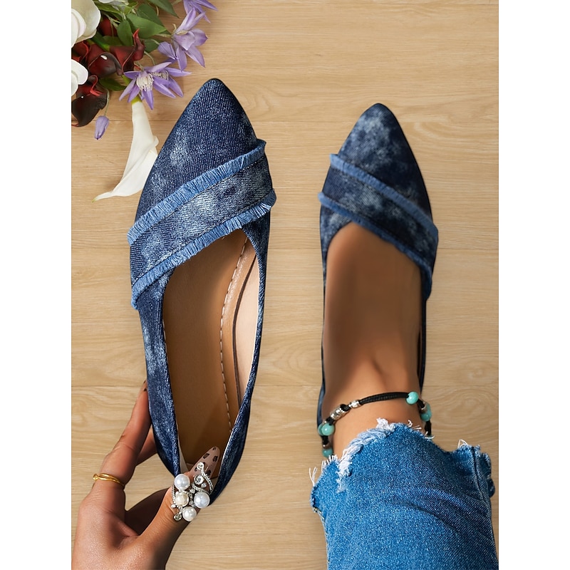 Women's Denim Pointed-Toe Flats - Frayed Fringe Slip-On Shoes for Casual Wear2