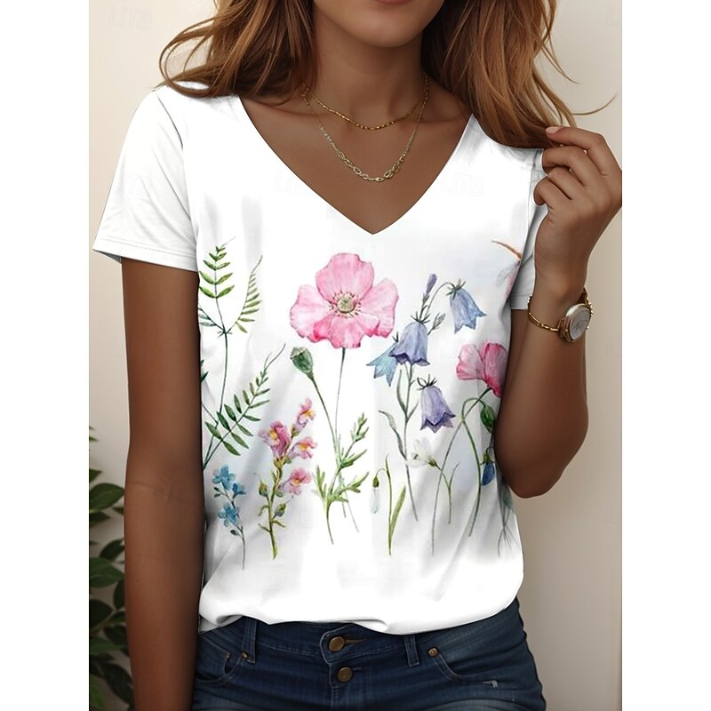 Women's T Shirt Floral Graphic Plants Casual Short Sleeve V Neck Regular Tops Daily Going out Weekend Print White / Black White Pink off-white Summer Spring3