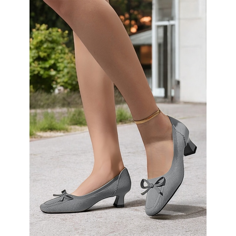 Women's Flyknit Low Heel Bowknot Pumps – Breathable Lightweight Comfort Shoes for Office, Work and Casual Wear