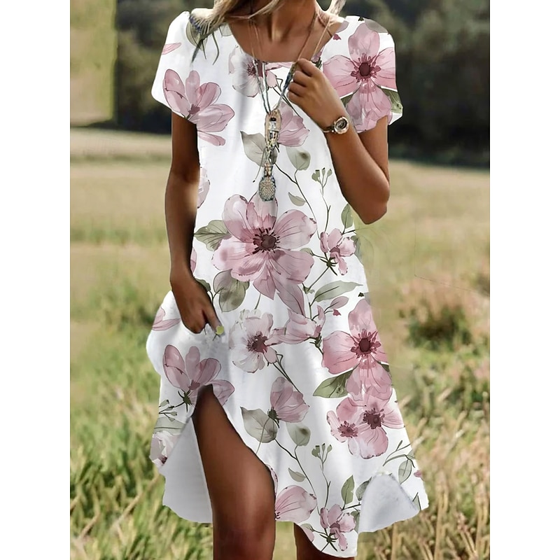 Women's Mini Dress A Line DressCasual Dress T Shirt Dress Tee Dress Sundress Stylish Casual Vacation Casual Daily Regular Fit Floral Graphic Short Sleeve Crew Neck Light Pink Summer