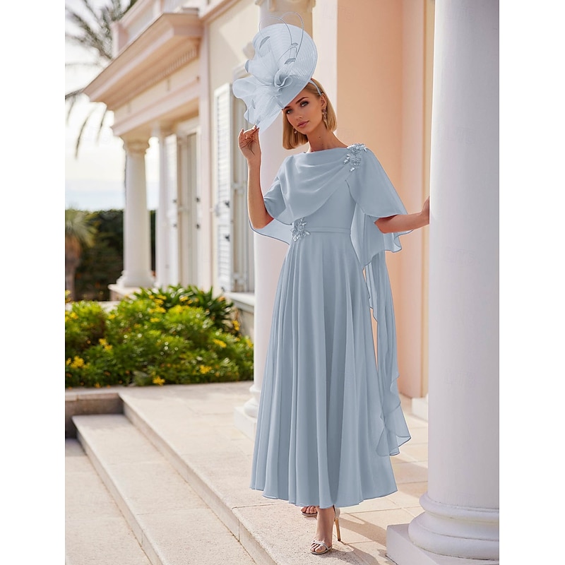 A-Line Dress Mother of the Bride Dress Elegant Bateau Neck Ankle Length Stretch Chiffon Short Sleeve with Lace Tier Solid Color Race Day Dress2