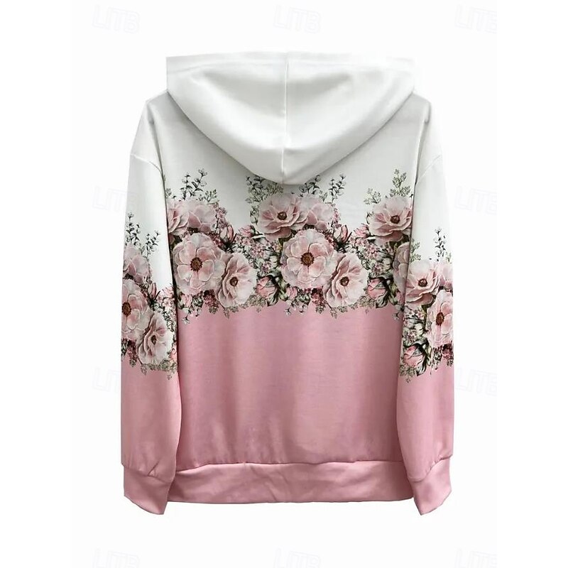 Women's Hooded Sweatshirt Jacket Long Sleeve Zip Up Hoodie With Pocket Lightweight Casual Micro-elastic Oversized Floral Active Vintage Sports Drawstring Front Pocket Pink Blue Fuchsia Green Fall2