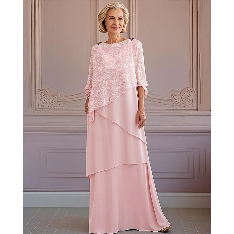 A-Line Tier Lace Mother of the Bride Dress Elegant Vintage Jewel Neck Ankle Length Lace Half Sleeve with Sequin Embroidery3