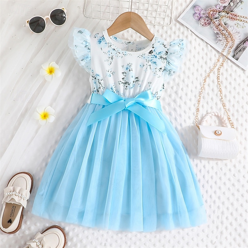 Kids Girls' Dress Flower Sleeveless Outdoor Casual Ruffle Tie Knot Fashion Adorable Polyester Knee-length Casual Dress A Line Dress Summer 4 years+ Pink Sky Blue