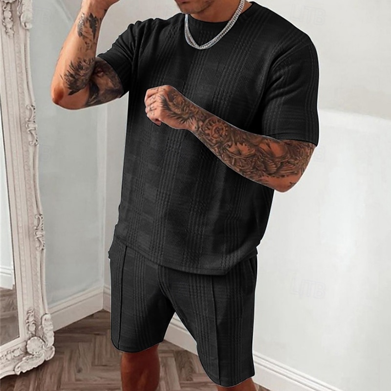 Men's Tracksuit Outfit Set Shorts Crew Neck Outdoor Daily Sports Pocket Drawstring 2 Piece Plain Black Blue Sky Blue Polyester Activewear Classic Casual Summer4