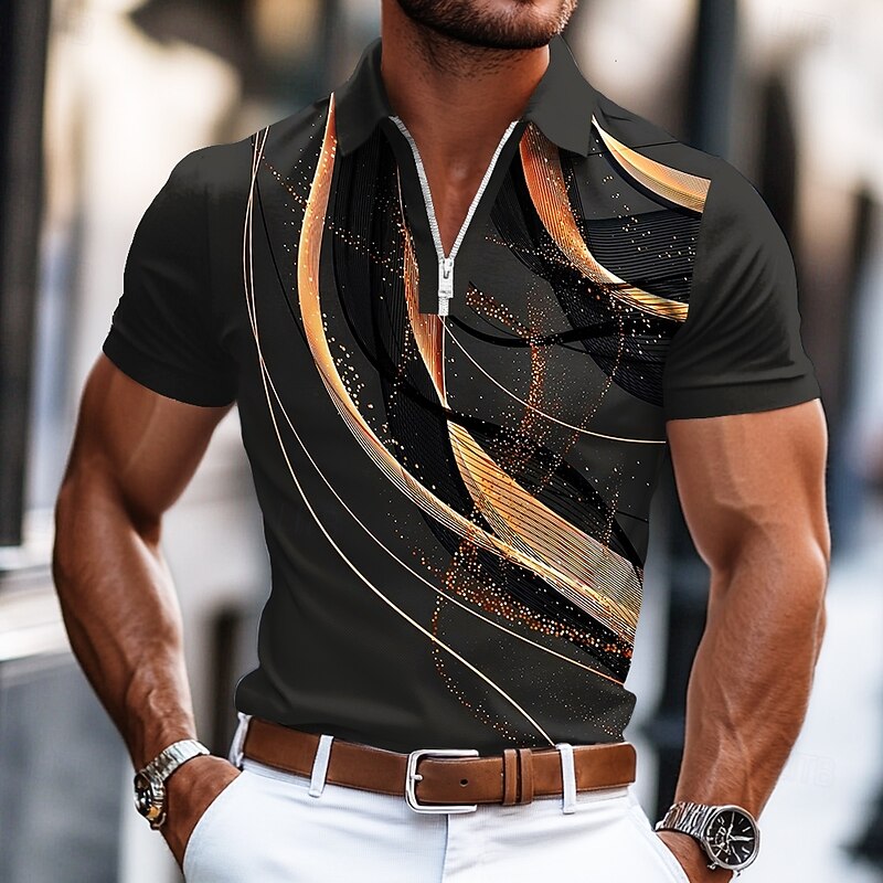 Men's Geometic Line Zip Polo Shirts Short Sleeve Polo Shirts Collared Shirts Business Casual Business Athleisure Wear to work Daily Wear 3D Print Summer Blue Purple Orange3