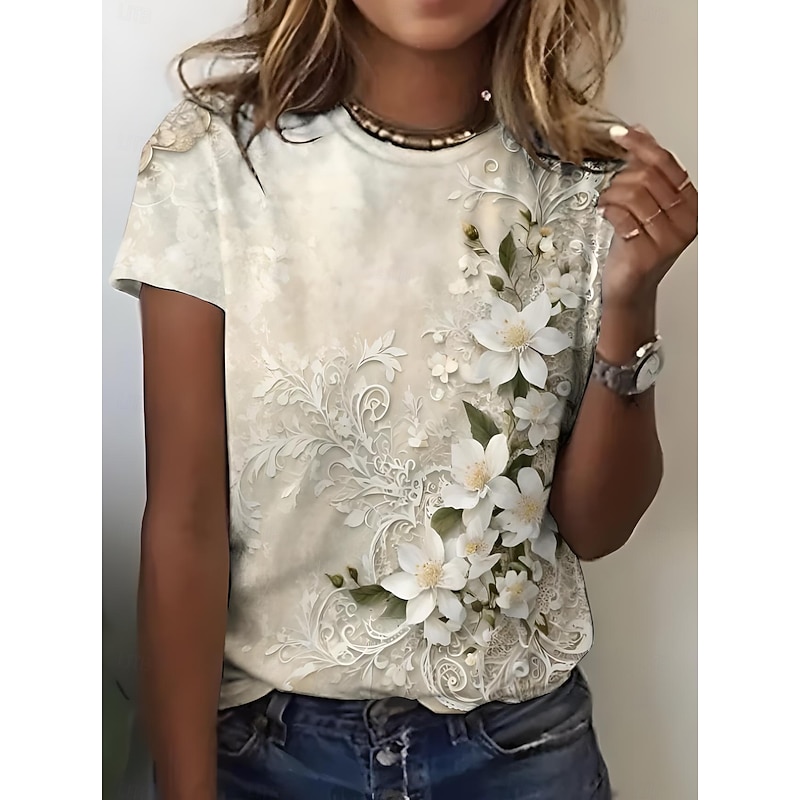 Women's T Shirt Floral Graphic Stylish Casual Short Sleeve Round Neck Regular Tops Daily Weekend Print off-white Summer Spring
