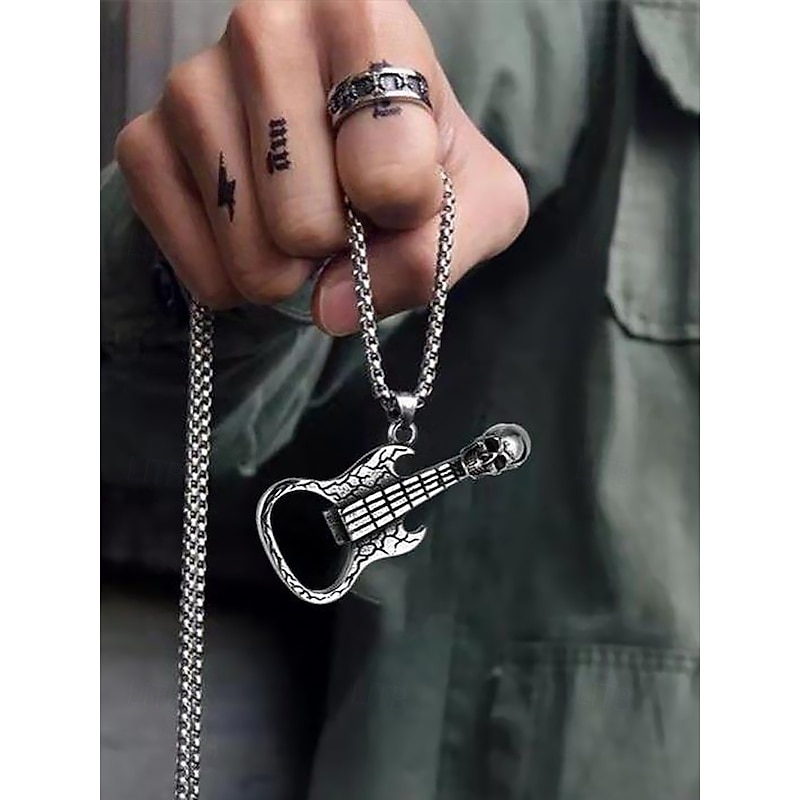 Men's Punk Rock Guitar Necklace with Skull Pendant – Stainless Steel Bottle Opener Chain for Music Lovers, Party & Bar Accessories3