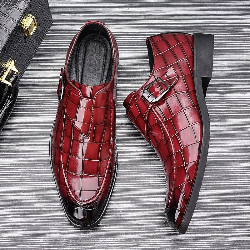 Men's Burgundy Crocodile Pattern Faux Leather Dress Shoes with Buckle, Elegant Footwear for Formal & Business Occasions3