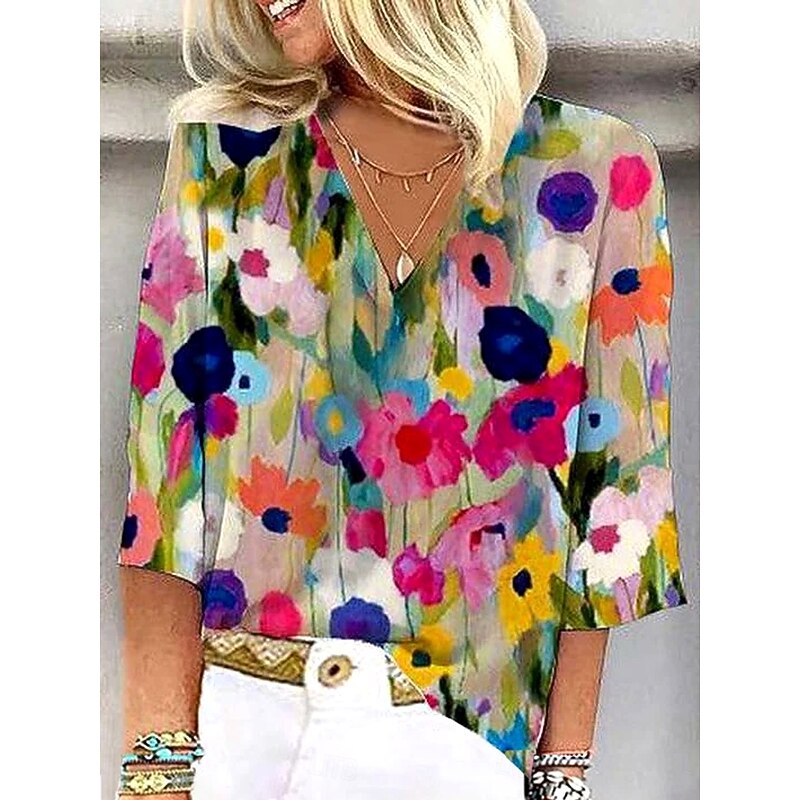 Women's Blouse Button Down Floral Graphic Stylish Beach Short Sleeve V Neck Regular Tops Daily Print Rainbow Summer Spring