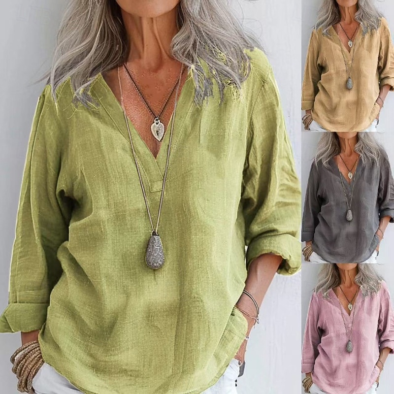Women's Shirt Blouse Cotton Linen Shirts Plain Modern Casual Long Sleeve V Neck Regular Tops Daily Going out Buttons Yellow Pink Khaki Gray Summer