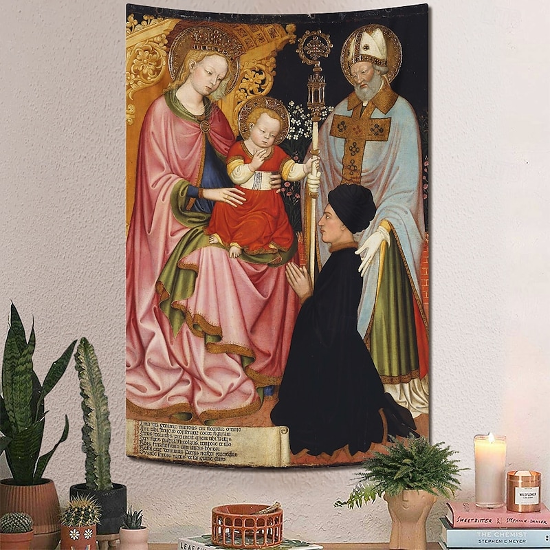 Medieval Tapestry Middle Age Tapestry Byzantine Art Large Tapestry Mural Decor Photograph Backdrop Curtain Home Bedroom Living Room Decoration Madonna and Child with the Donor, Pietro de' Lardi