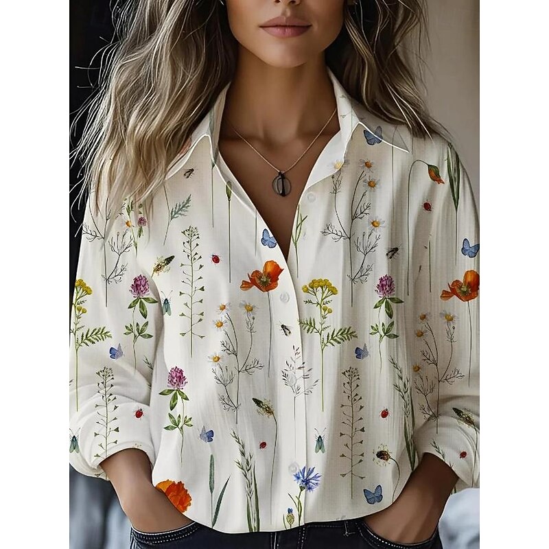 Women's Shirt Button Down Tunic Shirt Collar Long Sleeve Floral Graphic Stylish Casual Regular Tops Daily Going out s White Yellow Light Green Sky Blue Spring3