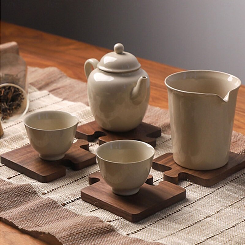 4-Piece Vintage Wooden Puzzle Coasters, Heat-Resistant Drink Coaster Set, Tabletop Protection for Office Desk, Bar, Home Decor2