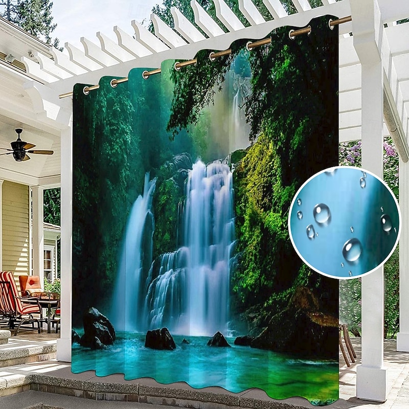 2 Panels Outdoor Curtain Privacy Waterproof, Sliding Patio Curtain Drapes, Pergola Curtains Grommet 3D Forest Landscape For Gazebo, Balcony, Porch, Party