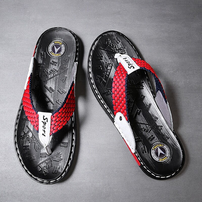 High-Performance Men's Faux Leather Flip-Flops - Black and Red with Racing-Inspired Textured Strap for Outdoor Adventures2