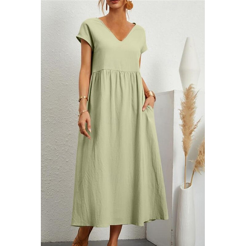 Women's Midi Dress Linen-Inspired Dresses Cotton Linen Dress Basic Classic Modern Vacation Daily Holiday Regular Fit Plain Short Sleeve V Neck Black Light Green Pink Army Green Summer