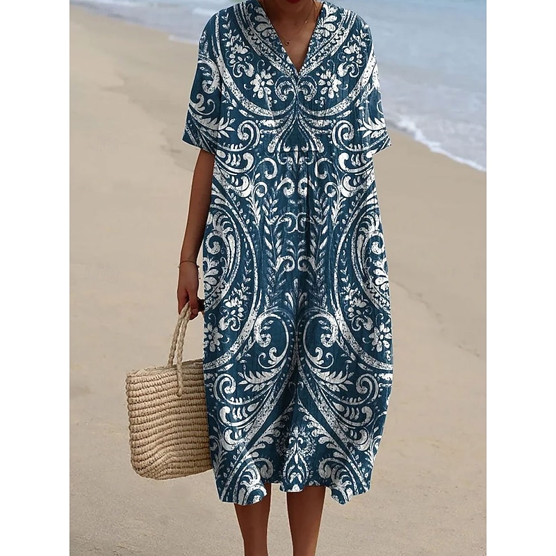 Women's Midi Dress Sundress Vacation Casual Beach Going out Loose Fit Floral Graphic Short Sleeve V Neck Pink Blue Summer3